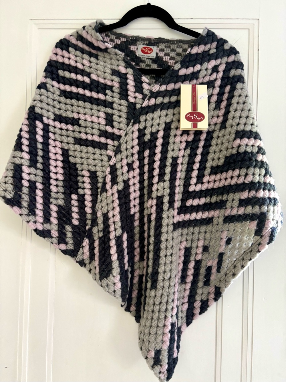 Chunky Handmade Knit Poncho in Gray, Pink & Black NWT Made in Dublin Ireland